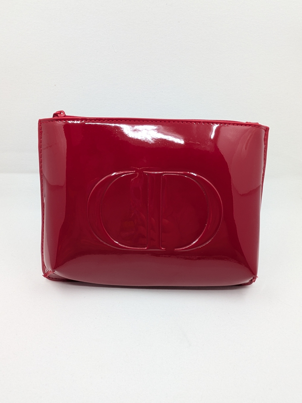 Red Patent Cosmetic Pouch — Designer Embossed Logo